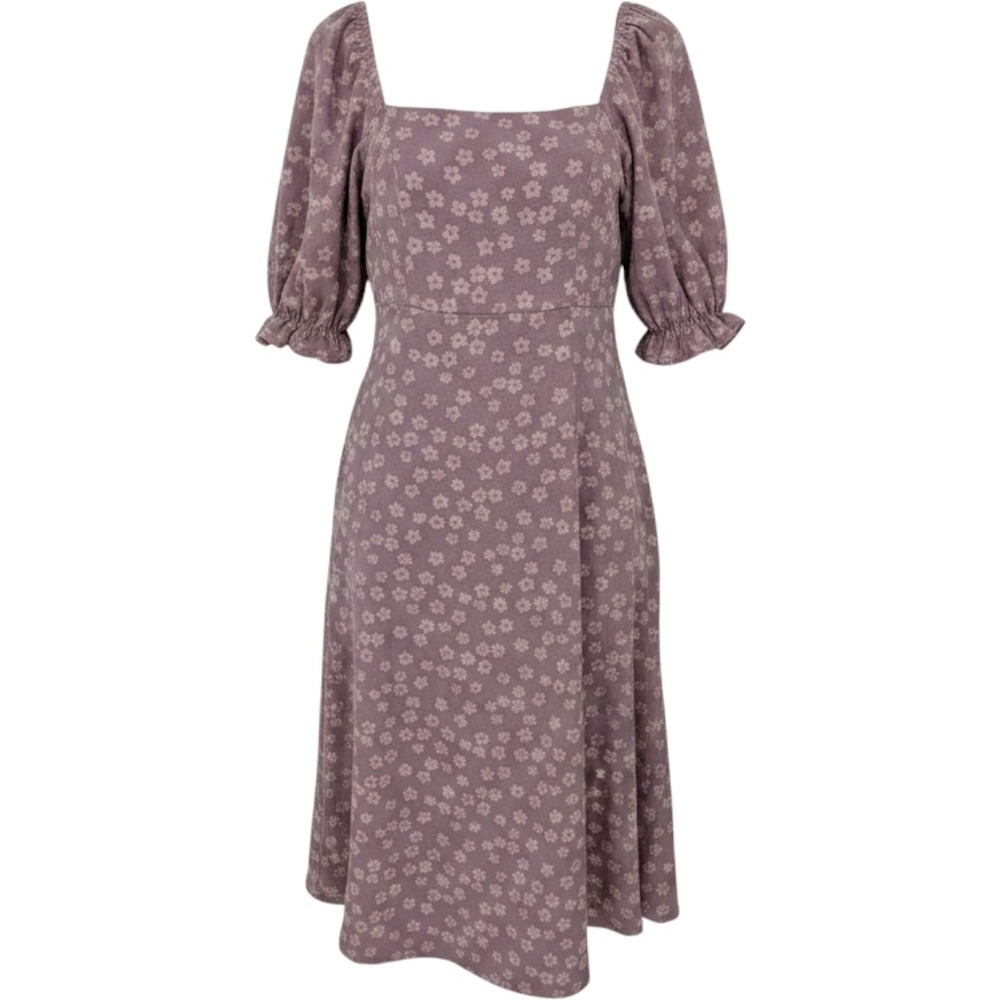 BaeVely Midi Dress Women Small Purple Floral Puff Sleeve Square Neck Cottagecore